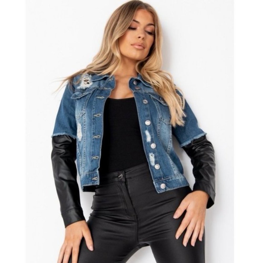 Blue Distressed Denim Jeans Jacket with Long Vegan Leather Faux Leather Sleeves - Picture 11 of 13